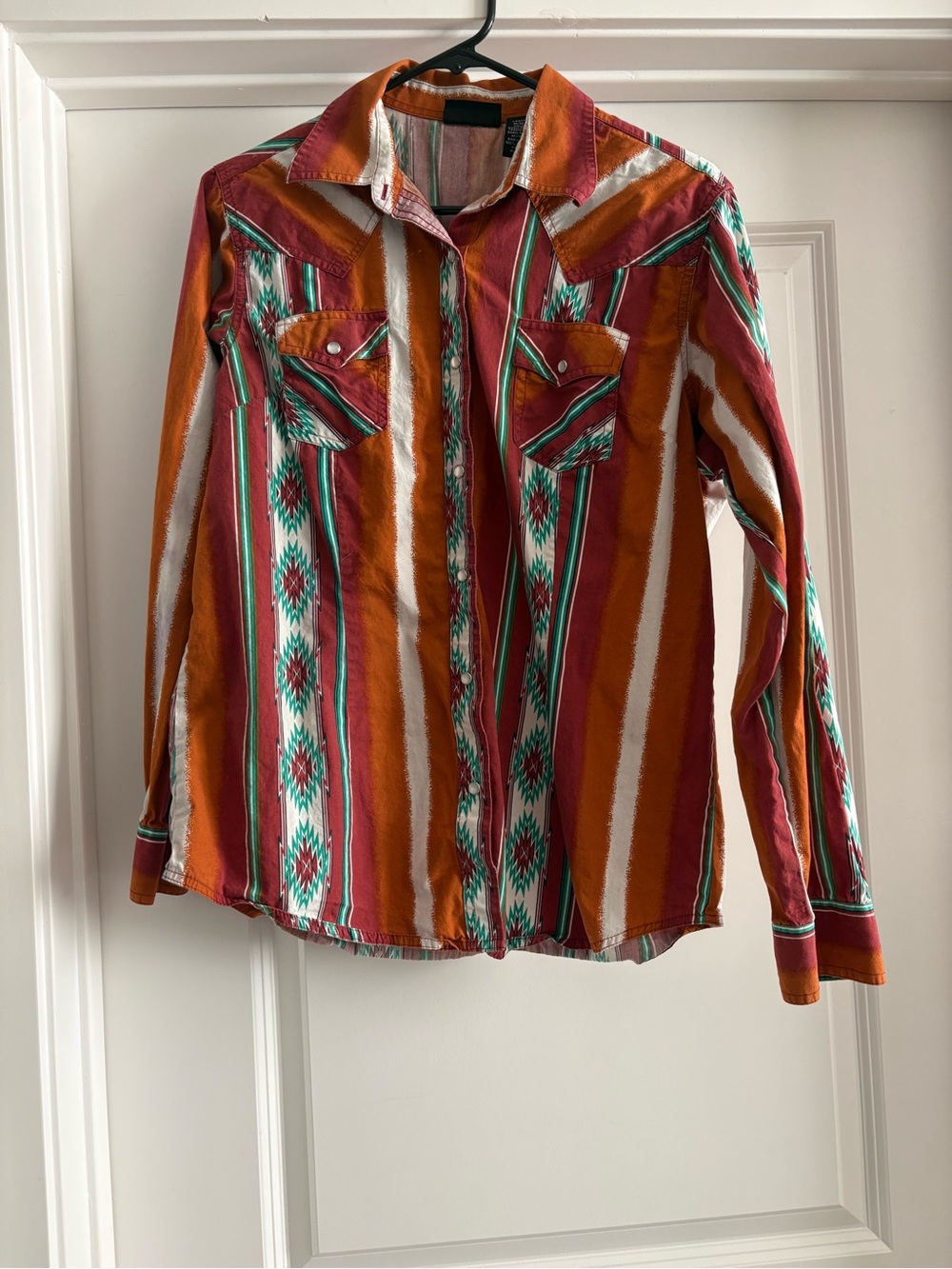 Wrangler Orange, White & Teal Striped Aztec Button-Down with Pearl Snaps Shirt